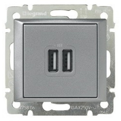 Розетка с USB - разьемами. Зарядное устройство с 2-мя коннекторами USB - 1500 мА. Цвет Алюминий. Legrand Valena Classic (Легранд Валена Классик). 770270