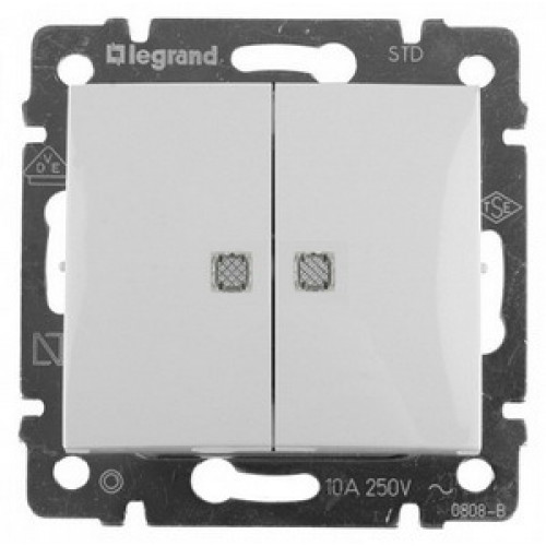 Выключатель двухклавишный с подсветкой - 10 AX - 250 В~. Цвет Белый. Legrand Valena Classic (Легранд Валена Классик). 774428
